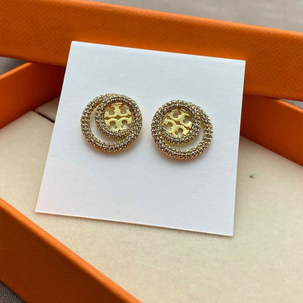 Tory Burch Gold Plated Pave Diamond Stud Earrings